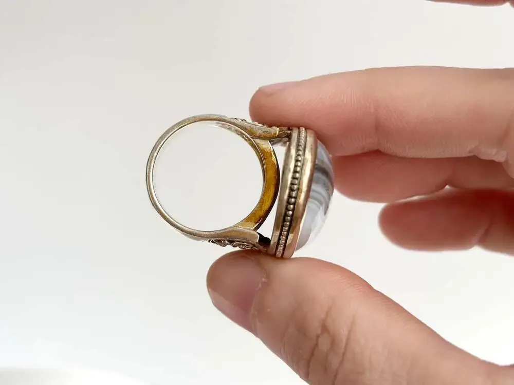 Grey Banded Agate Polished Cabochon Gemstone Sterling Silver 925 Vintage Ring -